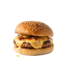 A hamburger with cheese and bacon on a bun png