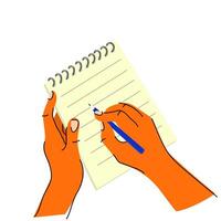 Hands holding notebook and writing with a pen Top view illustration symbolizing creativity, note taking, and planning. for education materials, productivity concepts, business presentations vector