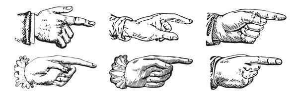 Set of engravings of pointing fingers. Hands pointing symbols. vector