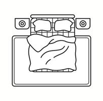 illustration of a double bed in top view with pillows and a slightly folded blanket. Ideal for interior design layouts and bedroom planning. vector