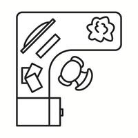 illustration of an L-shaped office desk with a chair, documents, and decorative elements in a top view. Great for workspace design and interior layouts. vector
