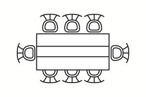 illustration of a dining table with six chairs arranged in a formal setting, viewed from the top. Ideal for interior design layouts and home planning. vector