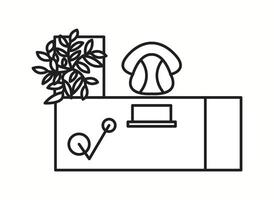 illustration of a workspace featuring a laptop, a plant, and a chair in a top-down view. Ideal for modern office layouts and productivity planning. vector
