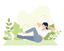 double crunch excercise, lady working out on mat vector