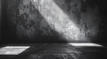 An abstract image featuring a concrete wall with peeling paint and a beam of light cascading across the surface Dark textured and atmospheric photo