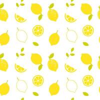 Lemon seamless pattern with whole lemons, half, slice, leaves branch. Summer fruit seamless pattern. Perfect for background, kitchen textile, fabric, packaging, wrapping paper and so on vector