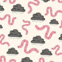 Spring pattern with earthworm and storm clouds. Cartoon earthworm character illustration isolated on white background. For kids textile, packaging, wrapping paper, wallpaper vector