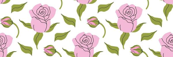 Minimalistic flowers seamless pattern. Delicate pink rose with stem and leaves, small bud. Botanical spring pattern. Suitable for wallpaper, textiles, wrapping paper, postcards. illustration. vector