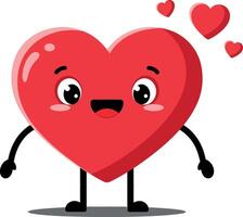 Cute smiling red heart character with arms and legs surrounded by smaller hearts in a cheerful, flat illustration vector