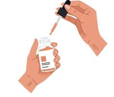 Hands holding a dropper above a small bottle in a minimal flat design illustration showcasing skincare or beauty products and their application process vector