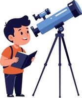 A young boy with a telescope observing the night sky while holding a book in a flat art style vector