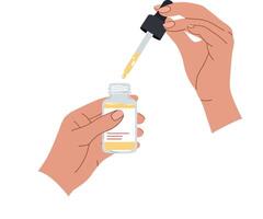 Hands holding a dropper above a small bottle while preparing to dispense liquid in a minimal illustration vector