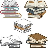 Stacked books in various orientations featuring colorful covers and spines in a minimal flat design style showcasing knowledge and learning art vector