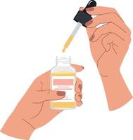 Hands holding a dropper above a small glass bottle in minimal illustration style showcasing skincare application process vector