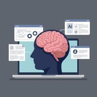 Human brain illustration integrated with a laptop and digital interface in a minimal art style depicting technology and creativity vector