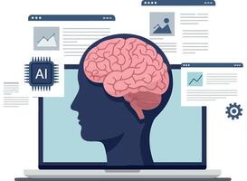 A silhouette of a human head with a detailed brain design showcasing artificial intelligence on a laptop screen in flat art vector