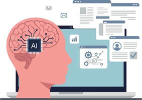 Human head with AI brain chip integrated, surrounded by data screens in a flat illustration depicting technological advancement and innovation vector
