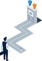Businessman walking towards an abstract building with upward graphs, minimal design, showcasing determination and progress in illustration vector