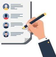 A hand holding a pen writing on a document featuring various user profiles in a flat design illustration vector