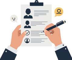 Hands holding a clipboard with resumes while checking details with a pen in a flat design illustration vector