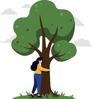 A woman embracing a large green tree in a grassy area under soft clouds, featuring flat design art vector