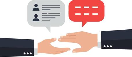 Two business hands reaching out with speech bubbles in a flat design style conveying communication and collaboration in art vector