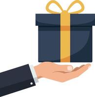 A hand presenting a wrapped gift box with a yellow ribbon in a flat design style illustration vector
