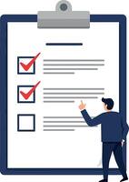 A professional man standing beside a clipboard filled with checkboxes in a minimal flat illustration setting, showcasing organization and productivity in art vector