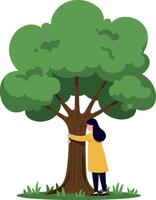 A woman in a yellow coat joyfully hugging a large green tree in a minimal illustration vector