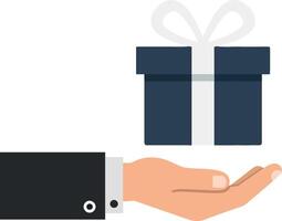 A hand in a suit presenting a dark blue gift box with a white ribbon, showcasing a minimal flat design style in art vector