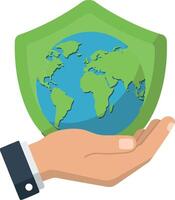 A hand holding a shield with a globe symbolizing environmental protection in a flat illustration vector