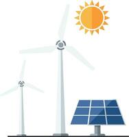 Renewable energy scene featuring wind turbines and solar panels in a flat design style showcasing eco-friendly technologies in art vector
