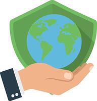 Hand holding a green shield with a globe symbolizing environmental protection in a flat illustration vector