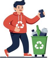 Young man in a red hoodie recycling bottles and cans, smiling while walking with a smartphone, minimal illustration vector