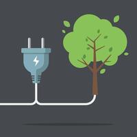 Electric plug connected to a tree symbolizing renewable energy in a flat design illustration vector