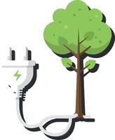 A green tree connected to a white electrical plug in a flat, minimal design style showcasing eco-friendly themes in art vector