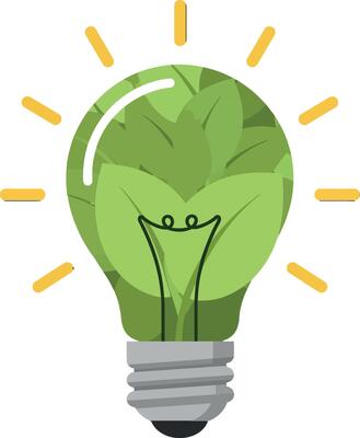 Green light bulb surrounded by yellow rays representing eco-friendly energy in flat art style illustrating sustainability and innovation