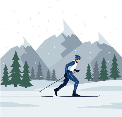 A man skiing through a snowy landscape surrounded by tall evergreen trees and majestic mountains in a flat illustration