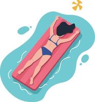 A woman relaxing on a pink float in clear water under a bright sun in a flat illustration vector