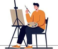 A young man sitting in a chair with a paint palette creating art on an easel in a flat illustration vector