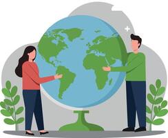 Two people interacting with a globe in a flat design style showcasing global awareness and collaboration in illustration vector
