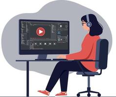 Young woman with headphones concentrating on editing in a minimalistic workspace featuring a desktop computer, flat illustration vector