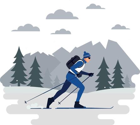 A determined skier in a blue outfit glides across snowy terrain with tall pine trees and mountains in a flat illustration