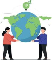 Two individuals collaboratively lifting a globe surrounded by green elements in a minimal illustration vector