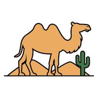 Camel standing in a desert landscape with a cactus. vector
