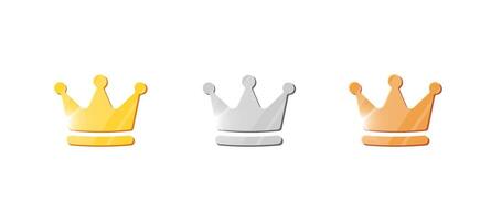 Set of golden, silver and bronze coins with royal crowns for game UI, casino or financial themes. Shiny 3D of jackpot, currency and treasure symbols for game, mobile app or arcade. vector
