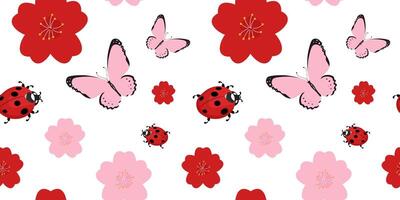 spring seamless background with flowers, butterflies, ladybugs. vector