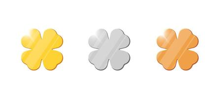 Set of golden, silver and bronze coins with four-leaf clover symbol. Shiny 3D illustration of lucky jackpot currency for game UI, casino, finance or gamification elements. vector