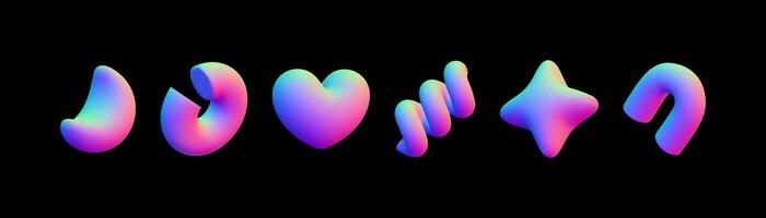 Colorful geometric 3D figures made of plastic with a reflective fiber showcase modern design aesthetics and playful shapes resembling Y2K trends. vector