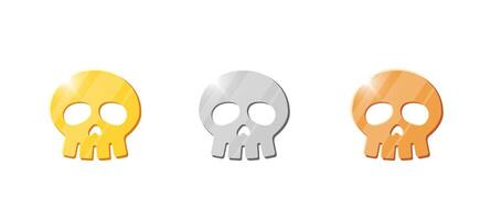 Set of golden, silver and bronze skull coins for game UI, casino or financial themes. Shiny 3D illustration of treasure, jackpot and currency symbols for game, mobile app or arcade. vector